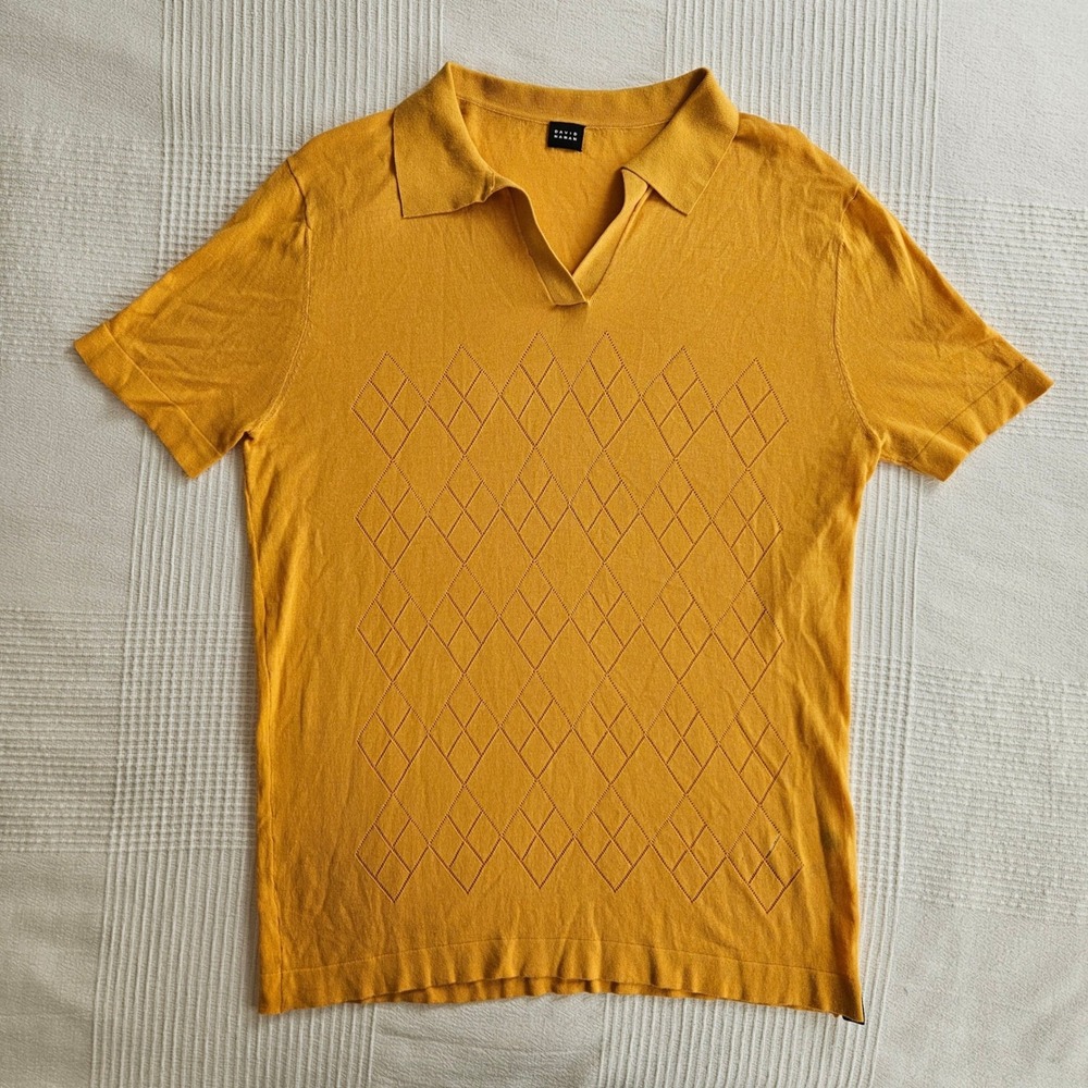 David Naman Mustard Yellow Lightweight Preppy Knit Polo Argyle Pointelle Men L